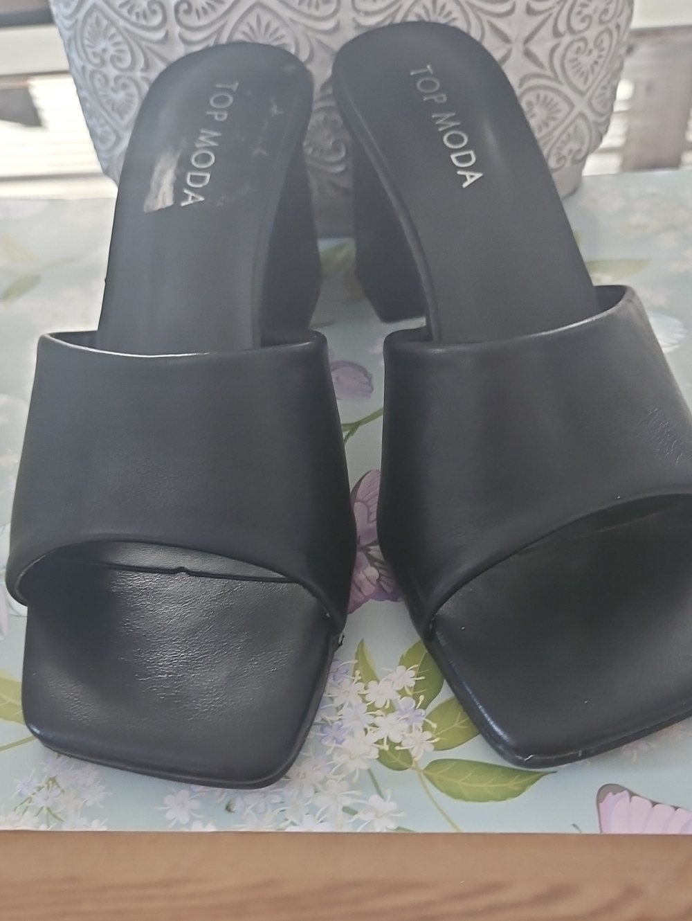 TOP Moda Black Open-Square Toe Mule Heels